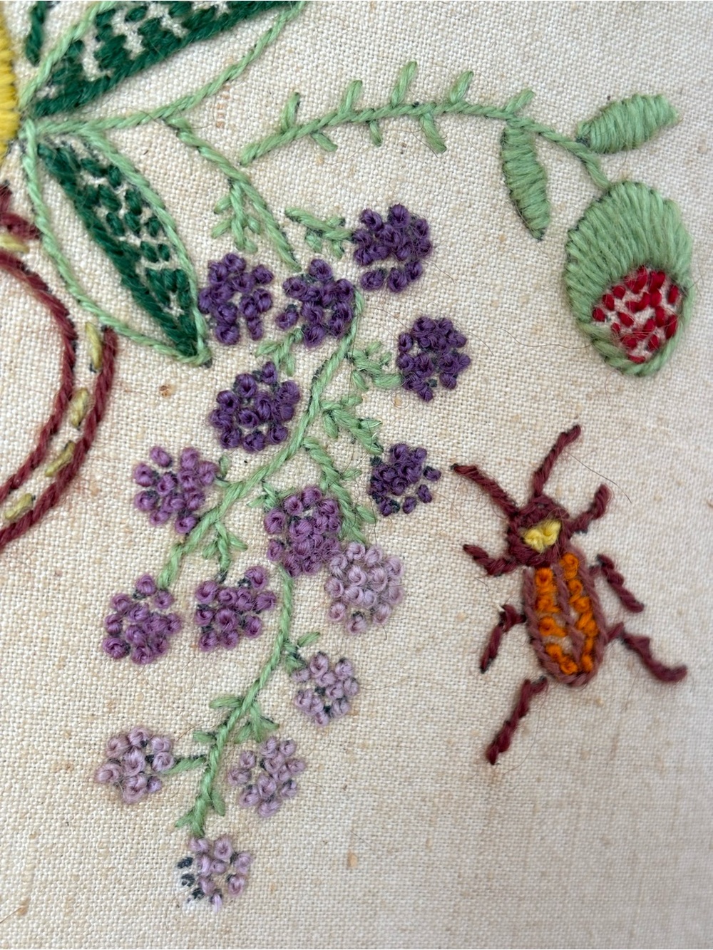Vintage Hand-Embroidered Needlepoint Floral Fruit Basket Wall Art 14" x 14" - Picture 8 of 17
